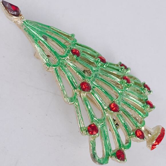 Vintage Christmas Tree Brooch Gold Tone Enamel Red Rhinestones Mid Century Retro - Picture 3 of 9